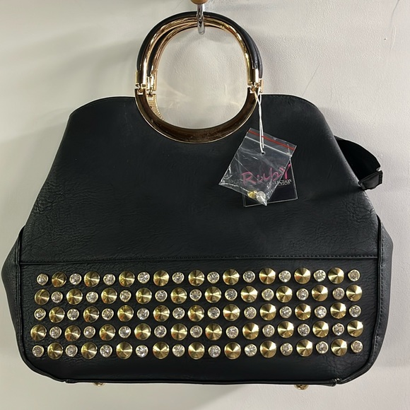 RUBY COLLECTION NWT Gold/Rhinestone Top Handle/Strap Glam Mob Wife Black Purse - Picture 1 of 16